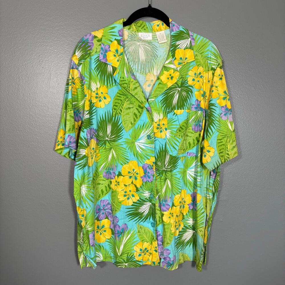 Erika Green & Yellow Hawaiian Tropical Button Up Shirt - 1X - Women's Plus Size
